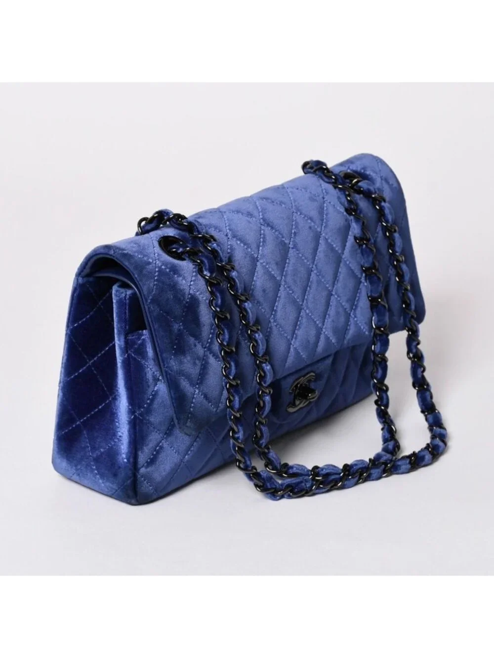 Chanel Quilted 25 Shoulder Bag Double Flap Velour Blue Black